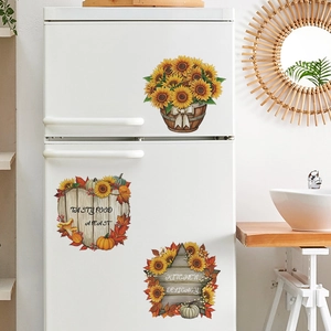 Sonnenblumen-Küchenaufkleber mit Kürbis und Ahornblatt auf weißem Kühlschrank