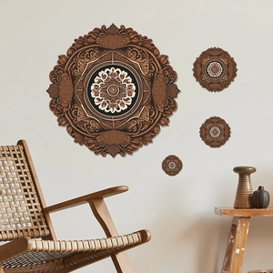 Set of four brown mandala wall decals with intricate hollow patterns for home decor