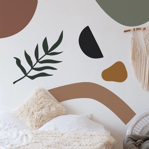 Bohemian geometric wall stickers with earth tones and leaf patterns in a bedroom