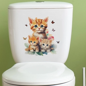 Cute watercolor stacked cats and butterflies waterproof vinyl sticker for bathroom decor