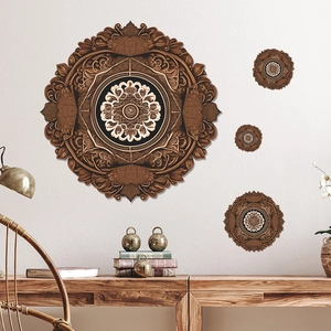 Ethnic mandala wood wall decor set in walnut finish for bohemian living room styling