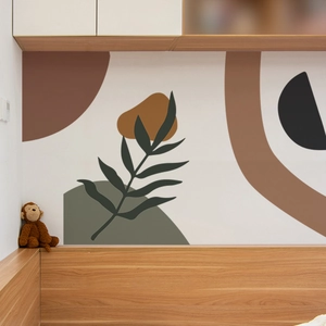 Abstract Nordic wall sticker with green leaves and earthy blocks for bedroom decor