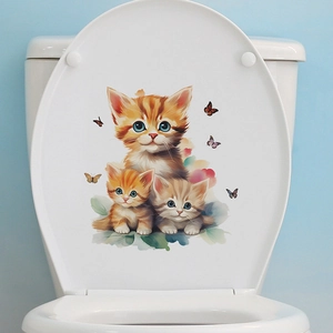 Waterproof self-adhesive bathroom toilet seat sticker with cute cartoon stacked cats