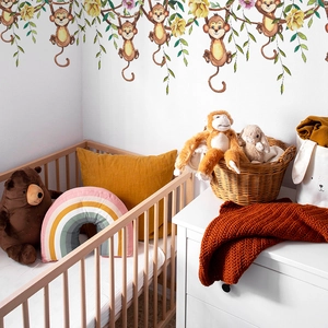 Stickers muraux singe dessin animé et lianes vertes pour déco chambre enfant et bébé