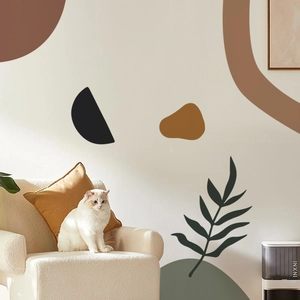 Modern abstract geometric wall decals with earth tone circles and green leaf decor