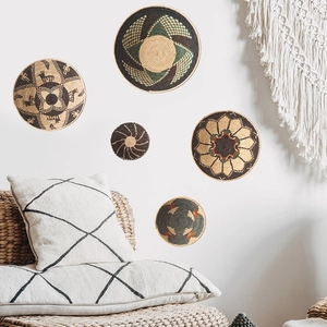 Five-piece bohemian woven seagrass wall basket set with geometric and animal patterns