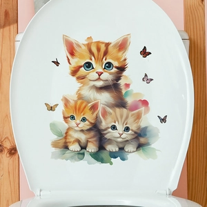 Watercolor cat and butterfly self-adhesive bathroom toilet seat lid decorative wall sticker