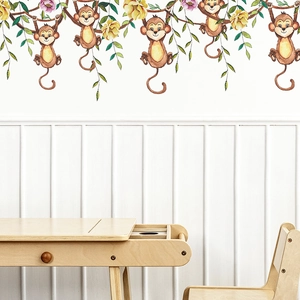 Stickers muraux singe dessin animé pour chambre d'enfant avec lianes et fleurs