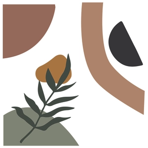 Detail of minimalist abstract wall sticker with terracotta geometric shapes and green leaf