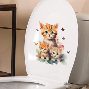 Waterproof watercolor cat and butterfly bathroom wall stickers on white toilet lid