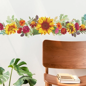 Vibrant sunflower and cosmos floral wall decal for home decoration on white wall