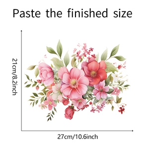 Detail showing pink floral bathroom wall sticker with dimensions 27cm x 21cm