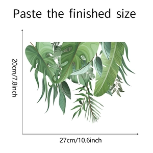 Détail des stickers muraux feuilles tropicales avec dimensions et taille de pose finie