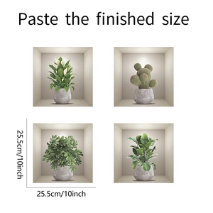 Detailed view of 4-piece 3D green plant wall stickers with sizes in 25.5cm squares