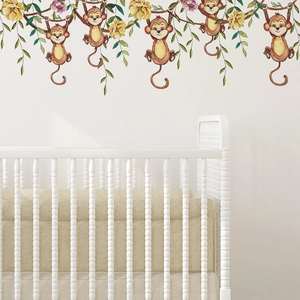 Stickers muraux singes de dessin animé et lianes pour décoration de chambre