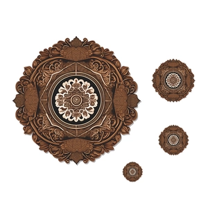 Detailed view of dark brown mandala wall decals in four different sizes on white backdrop