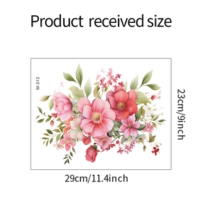 Floral watercolor wall sticker M-313 with green leaves and pink flowers size 29x23cm