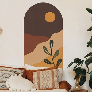 Bohemian arch wall sticker with sun and mountain abstract patterns for bedroom decor