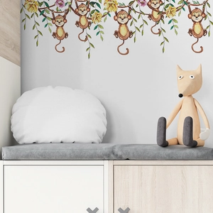 Stickers muraux singe avec lianes fleuries aquarelle pour déco de chambre d'enfant