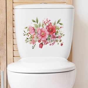 Self-adhesive floral wall stickers with pink roses and green leaves for bathroom decor