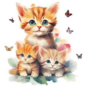 Detail of watercolor cartoon cats and colorful butterflies bathroom wall stickers