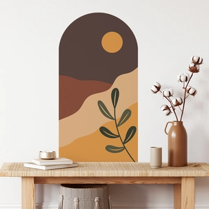 Abstract arch wall sticker featuring earthy landscapes and leaves for boho home decor