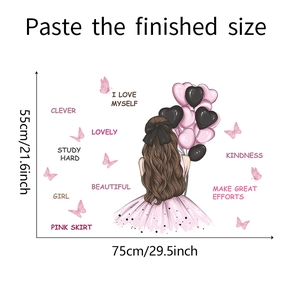 Detail showing wall sticker size dimensions with a girl and heart balloons illustration