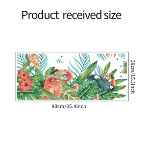 Detailed dimension sheet of tropical flamingo and Monstera leaf wall stickers 90x39cm