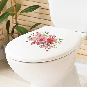 Self-adhesive floral toilet lid sticker with pink roses and green leaves for bathroom decor