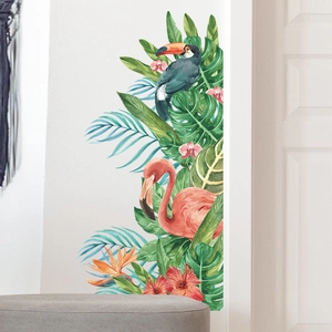 Tropical wall stickers with pink flamingos and green monstera leaves for home decoration