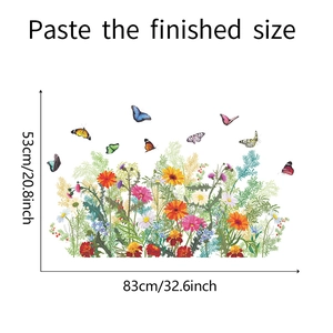 Détail du sticker mural avec fleurs et papillons colorés, dimensions finales 83x53cm