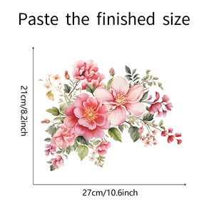 Detail showing dimensions of pink floral wall sticker with green leaves on white background