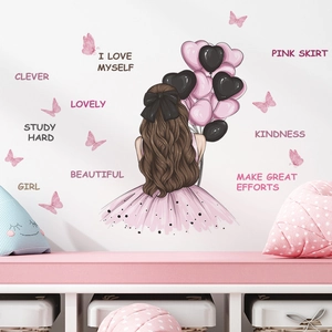 Cartoon girl wall decal with pink heart balloons and motivational text for bedroom decor