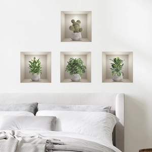 3D wall decals featuring green potted cactus and plants for bedroom home decor set of 4