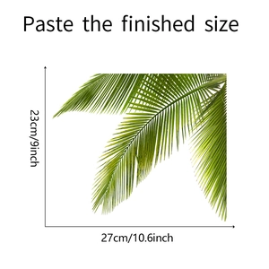 Detailed dimension guide showing the finished size of tropical green palm leaf wall stickers