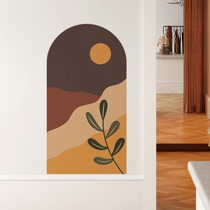 Boho arch wall decal featuring abstract sun hills and green leaves for bedroom decor