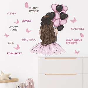 Cartoon girl with pink heart balloons and motivational English text wall sticker decor