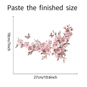 Detail showing pink cherry blossom and butterfly wall sticker dimensions 18cm x 27cm
