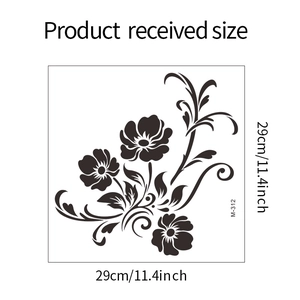 Detail view of 29cm x 29cm black floral bathroom wall sticker with dimensions