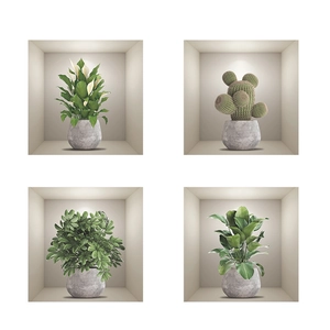 Detail of 3D potted cactus wall stickers with realistic shadows and niche design effect