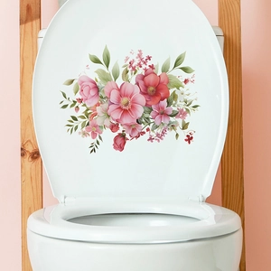 Fresh Floral Leaf Bathroom Toilet Lid Sticker Self Adhesive Pink Rose Pattern Waterproof PVC Decal For Restroom Decoration