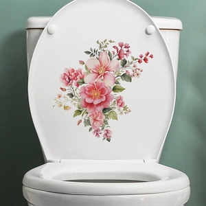 Floral toilet lid wall sticker with pink flowers and green leaves on white ceramic