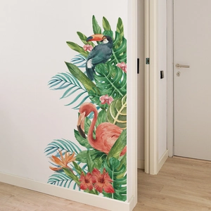 Tropical wall sticker featuring a pink flamingo, toucan, and lush palm leaves decor