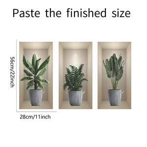 Detailed 3D wall stickers set featuring three green potted plants in grey cement pots