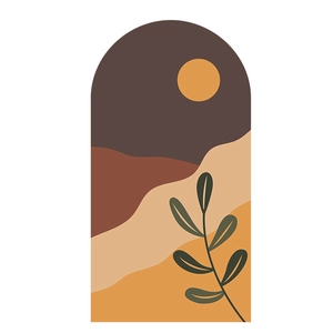 Detail of minimalist arch wall sticker featuring abstract sun, hills, and plant elements