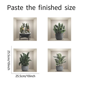 Detail of 4-piece 3D potted plant wall stickers showing 10-inch square dimensions