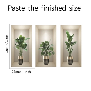 Detailed size specifications for 3D potted plant wall stickers showing dimensions of 56x28cm