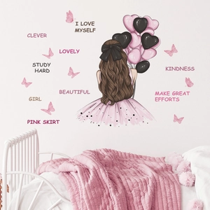 Romantic wall sticker with a girl in pink tutu holding heart balloons for bedroom decor
