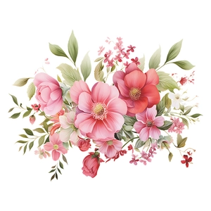 Macro detail of delicate pink and white floral wall stickers with fresh green leaves