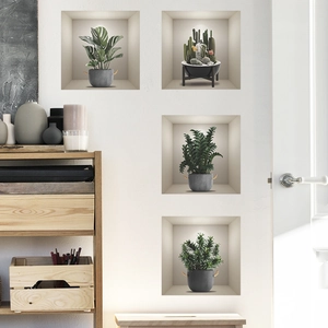 3D effect wall stickers with green potted plants and monstera in minimalist living room